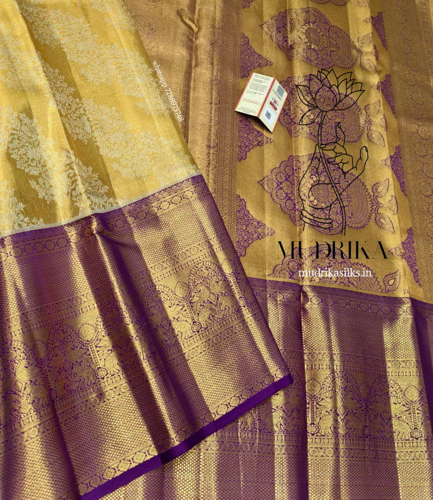 Yellow Kanchipattu Tissue Silk Saree with purple border