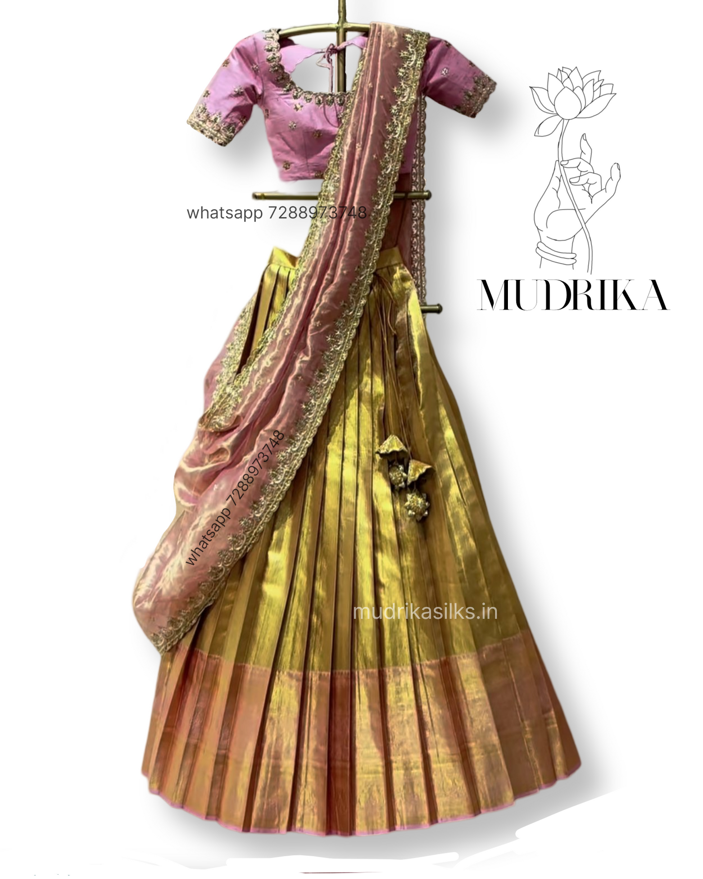 Golden pattu lehenga with pink blouse