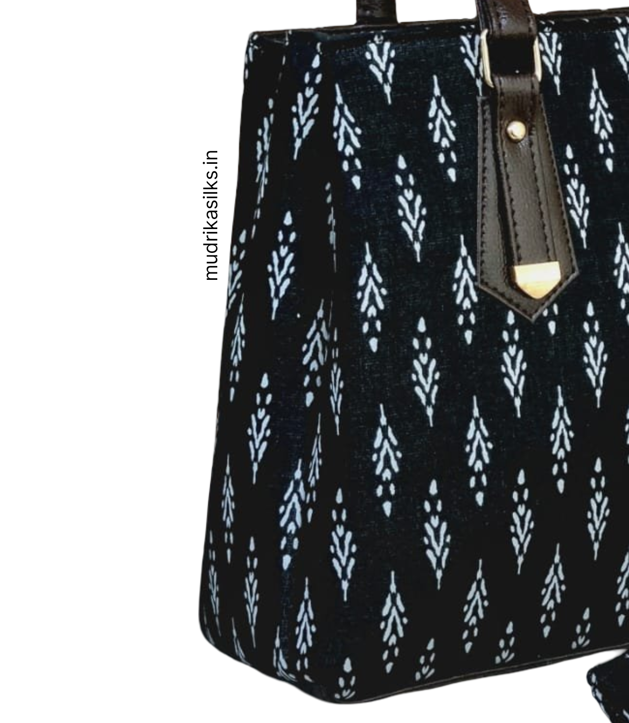 Black rajasthani style printed tote handbag
