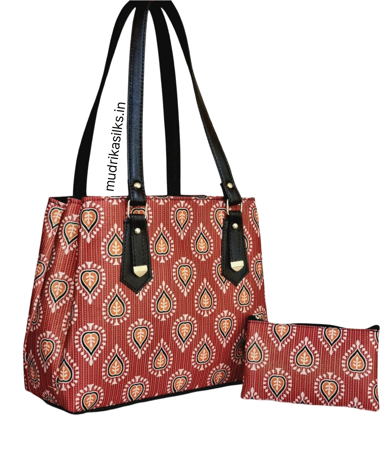 Red rajasthani style printed tote handbags