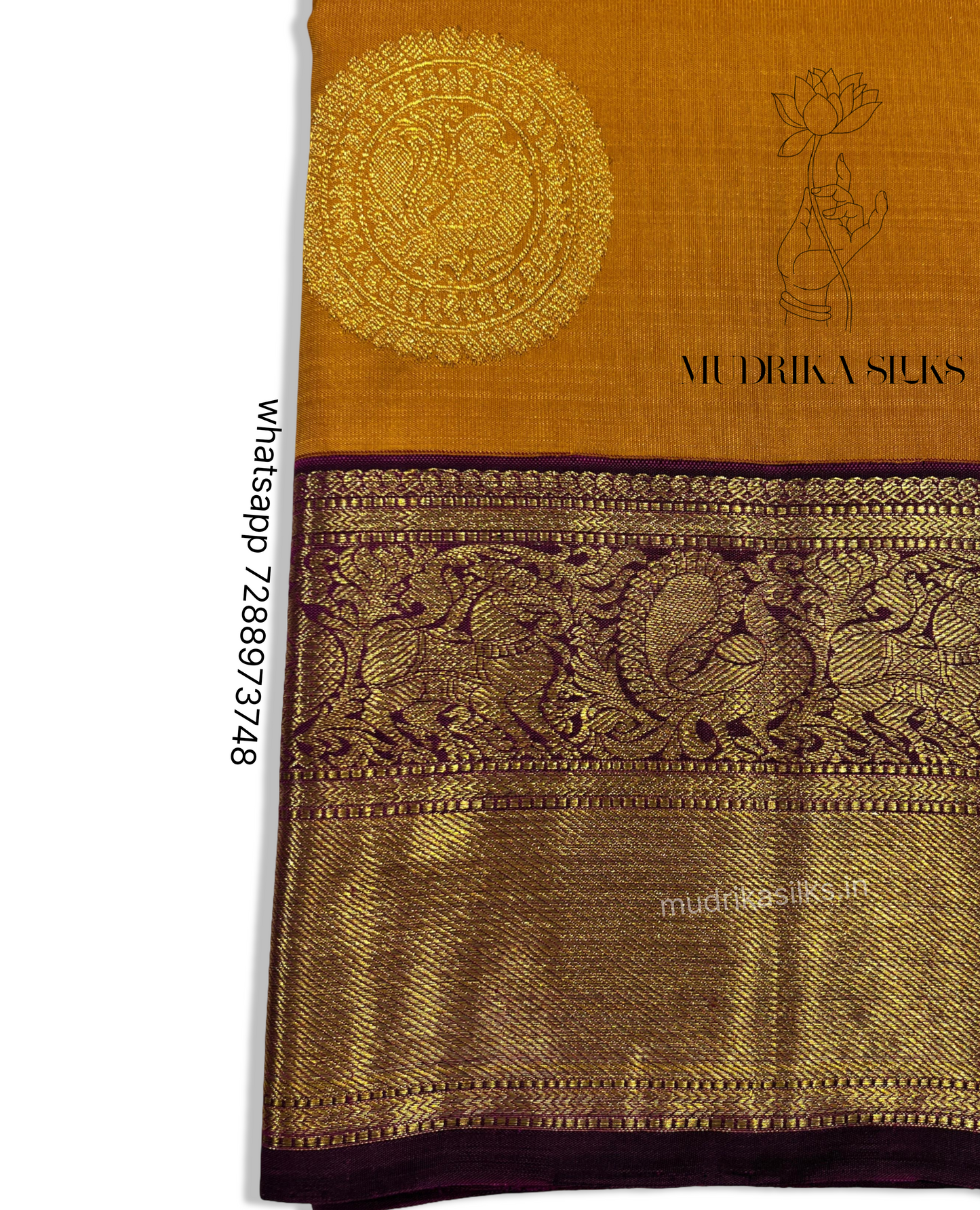 Mustard yellow Kanjivaram pattu sarees with jamun pink border