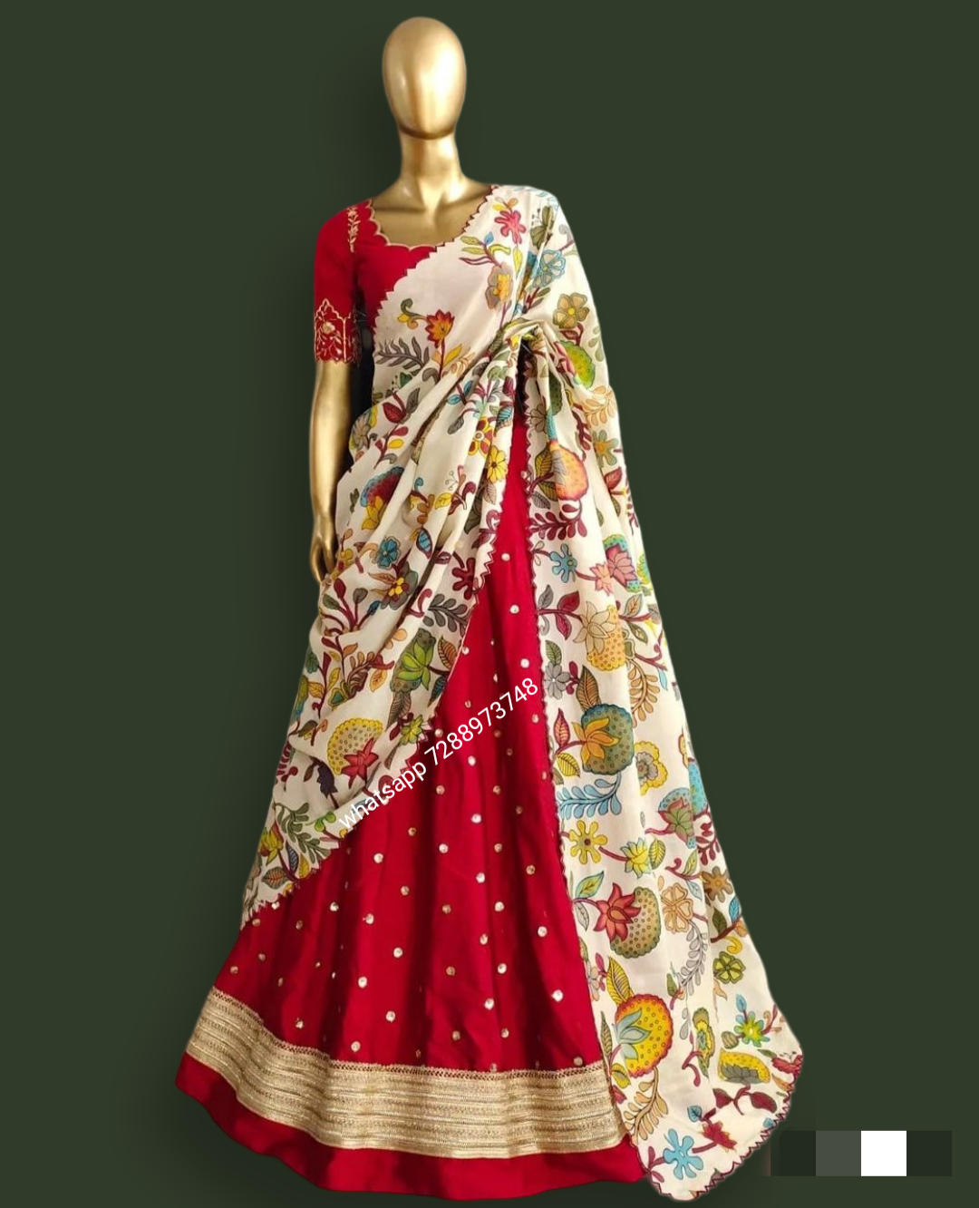 Red chinnon lehenga with sequence butti with kalamkari dupatta