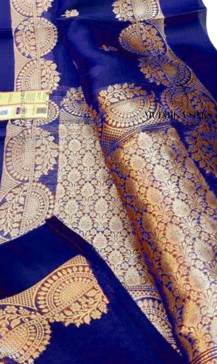 Royal blue benaras kora organza saree with double zari weaving design