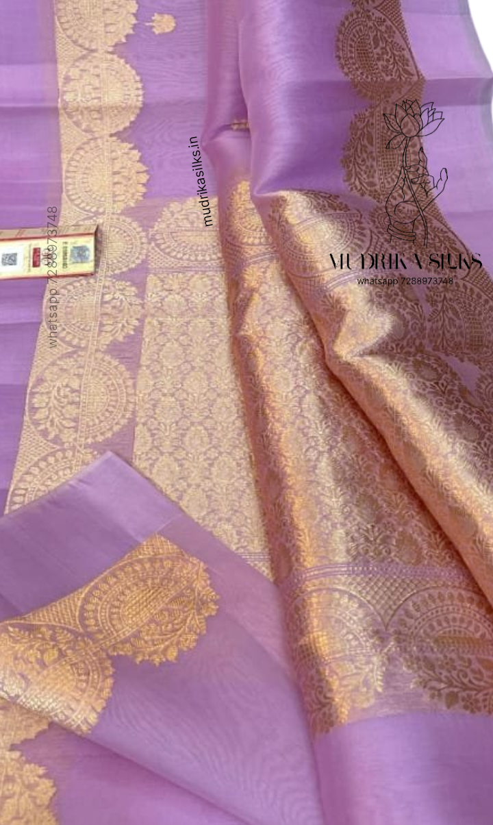 Lavender benaras kora organza saree with double zari weaving design border