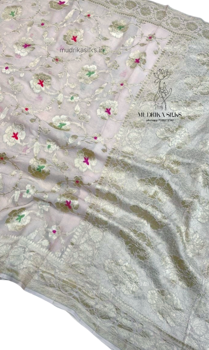 White benaras georgette saree with floral design