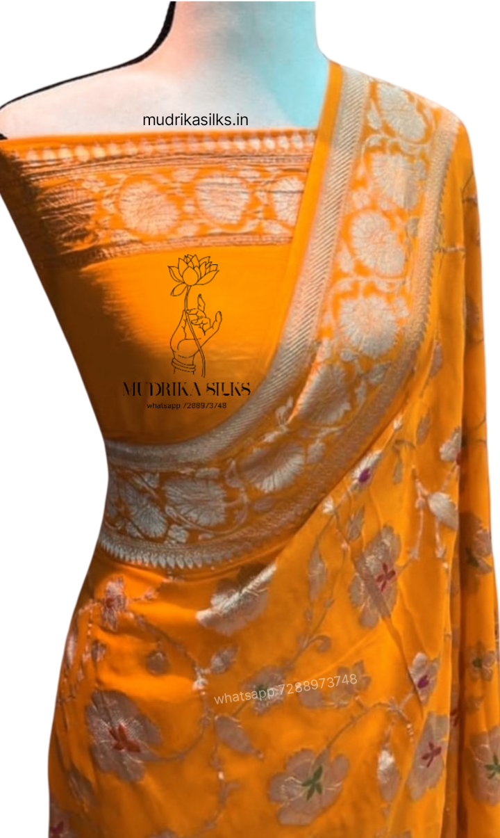 Orange benaras georgette saree with double zari weaving design