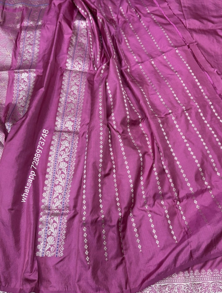 Rose pink pure benarasi silk saree with silver zari border