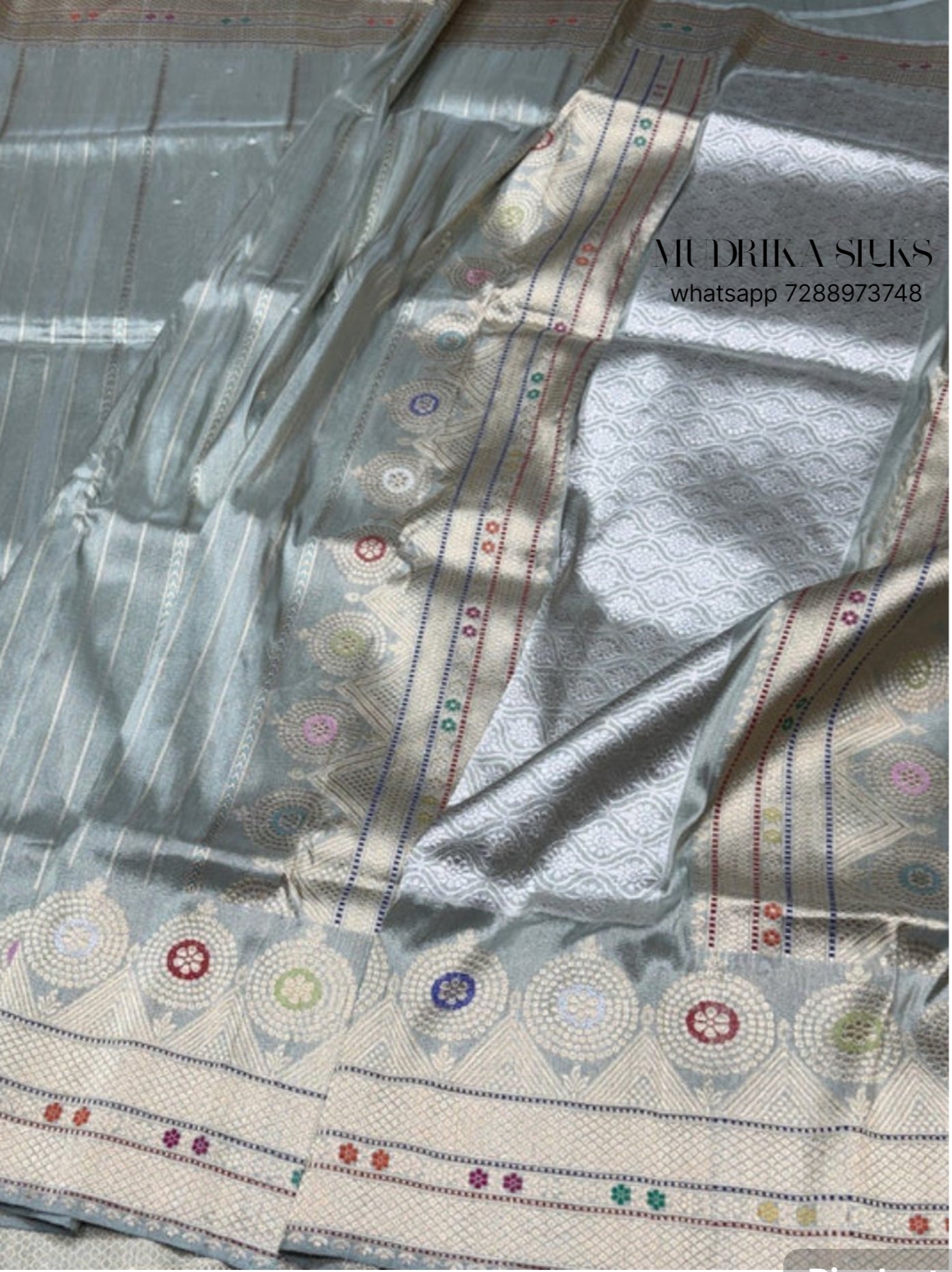 Grey benaras pure silk saree with silver zari strips