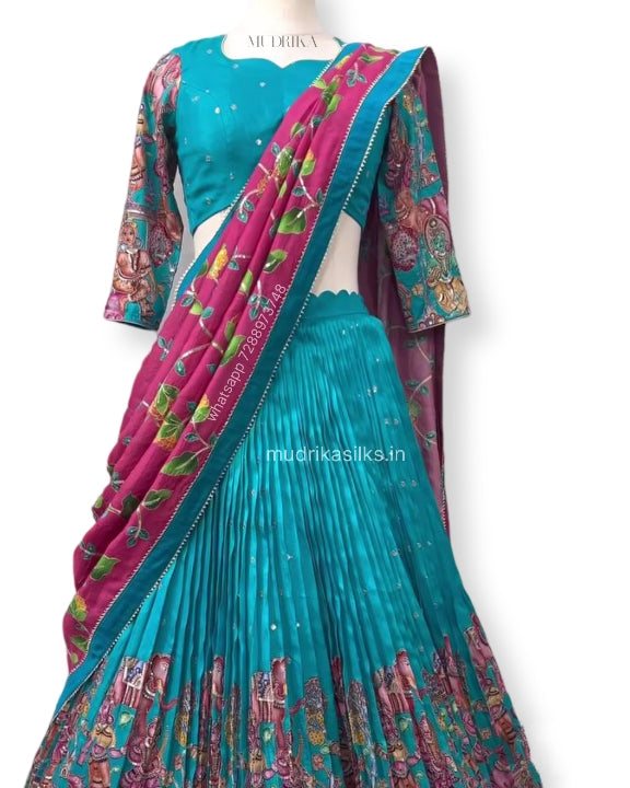Sky blue lehenga with Kalamkari design
