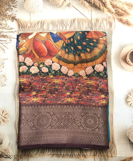 Blue Crape silk saree with gopika dance print