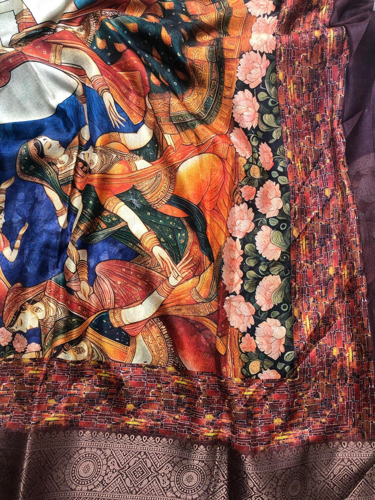 Blue Crape silk saree with gopika dance print