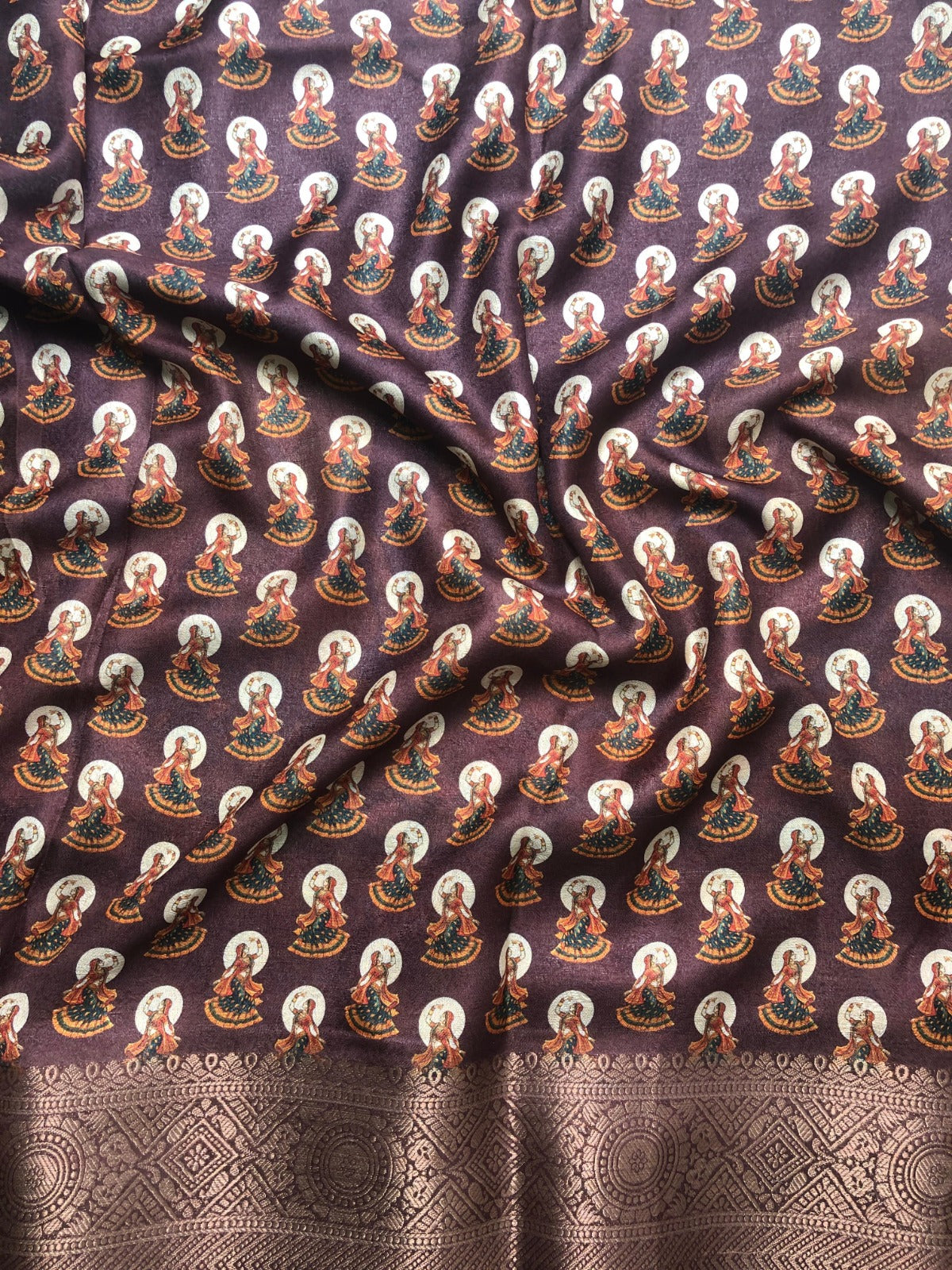 Blue Crape silk saree with gopika dance print