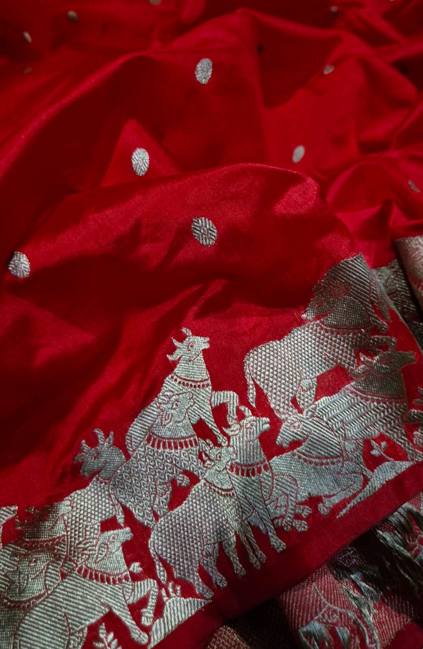 Designer chrome red chanderi saree with blouse
