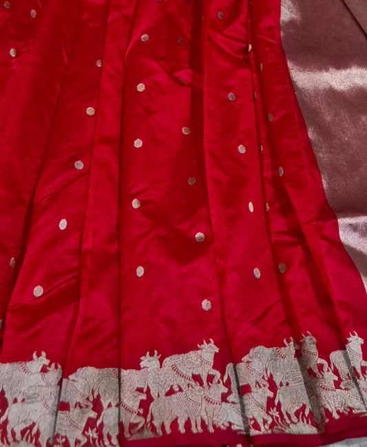 Designer chrome red chanderi saree with blouse