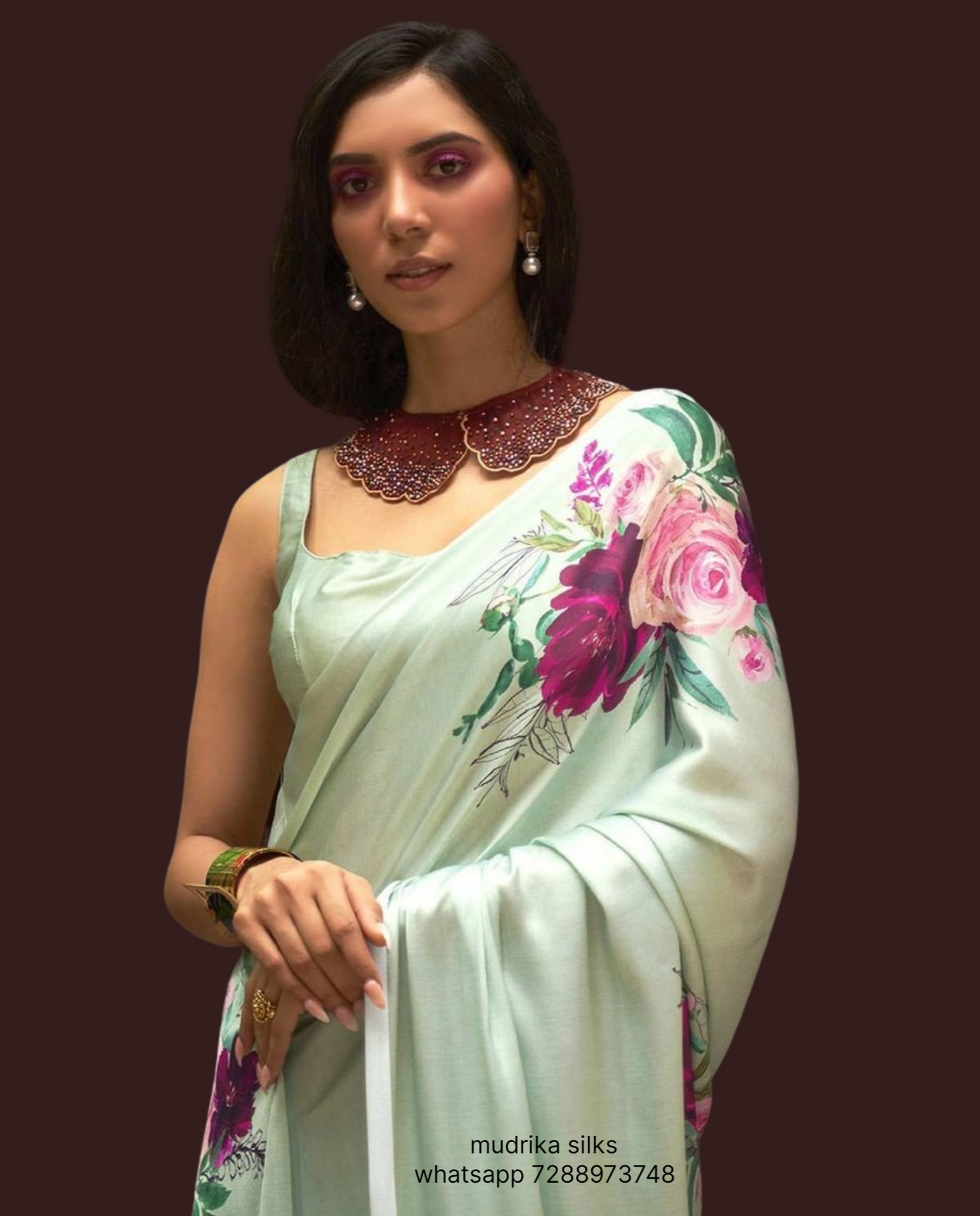 Pista green floral designer saree