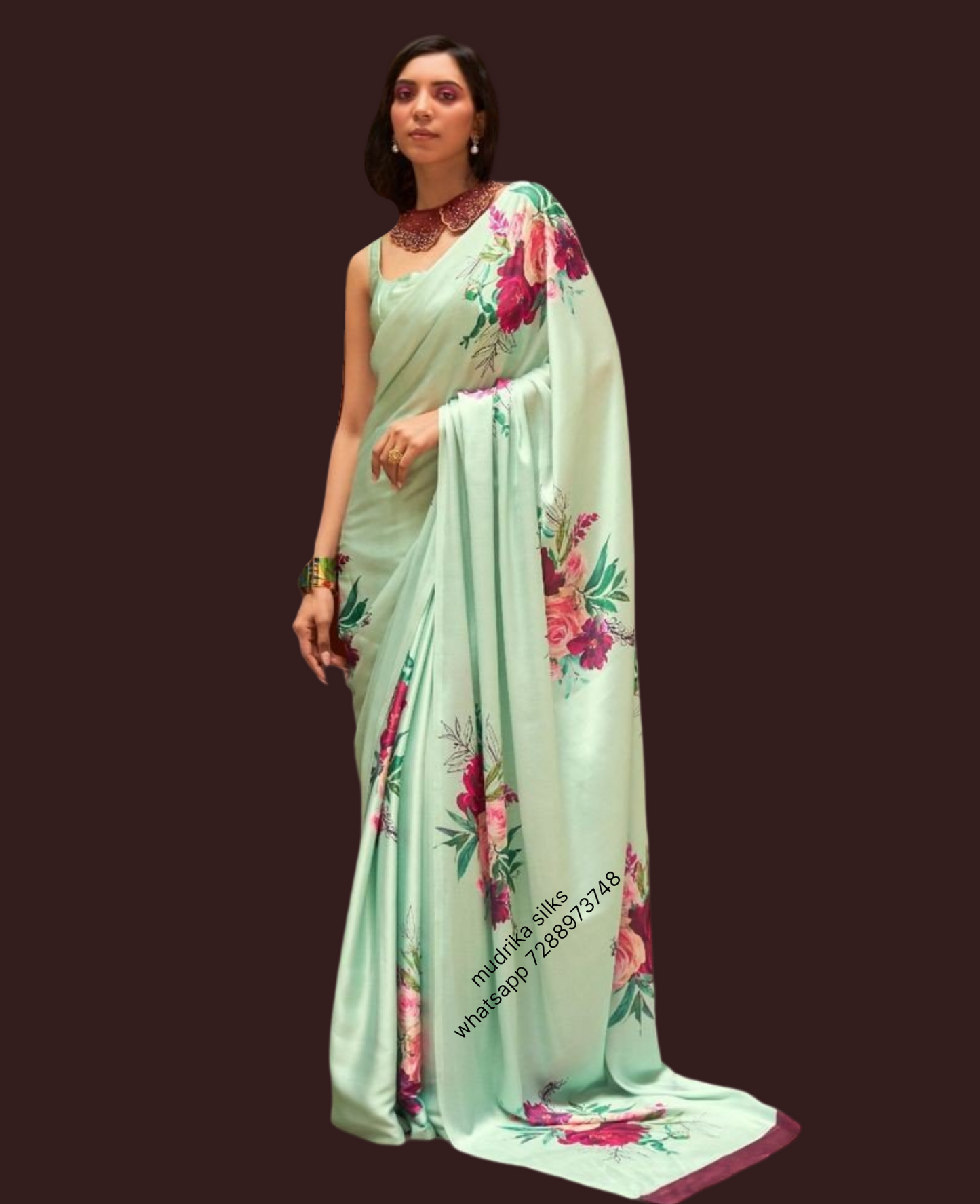 Pista green floral designer saree