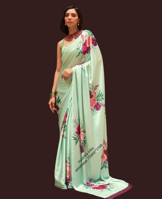 Pista green floral designer saree