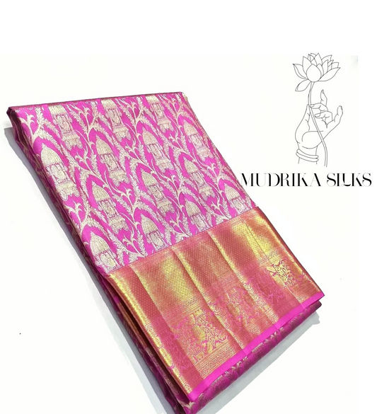 Pink Kanchipattu saree with allover zari weaved design