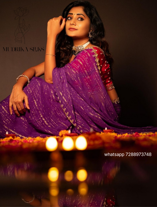 Purple designer saree with gold sequence border