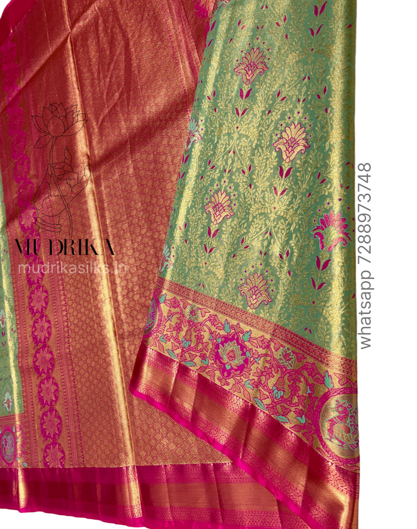 Green Tissue Kanchipattu saree with pink border