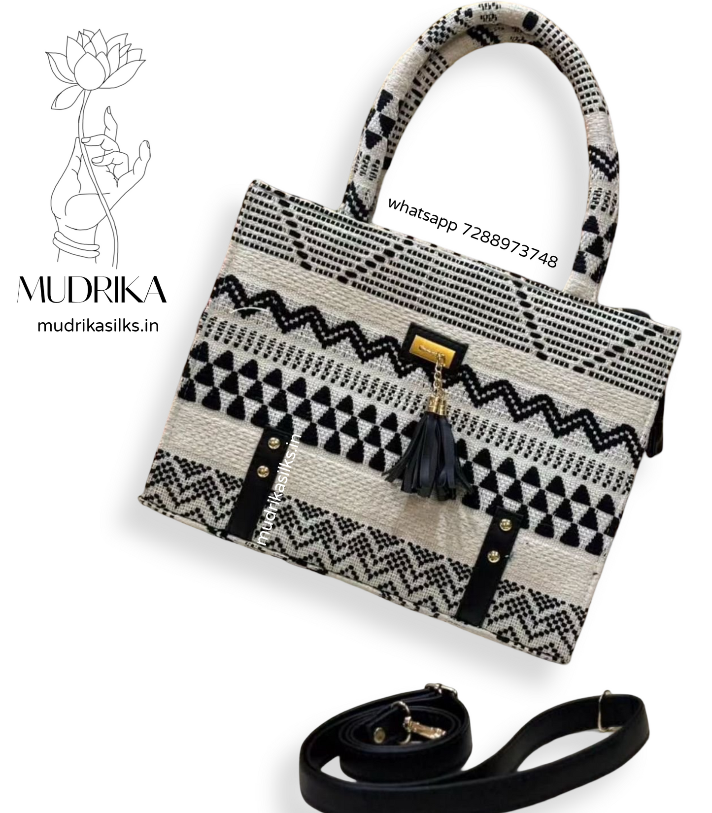Black and white geometric weaved Tote bag