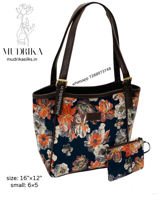 Black tote with orange floral design