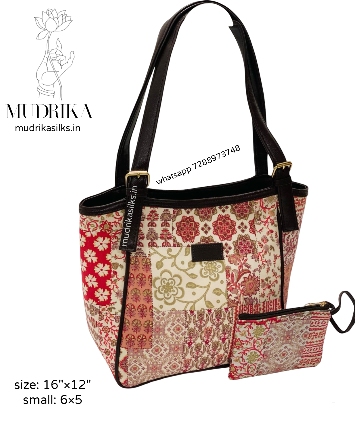 Red flower tote bag with leather straps