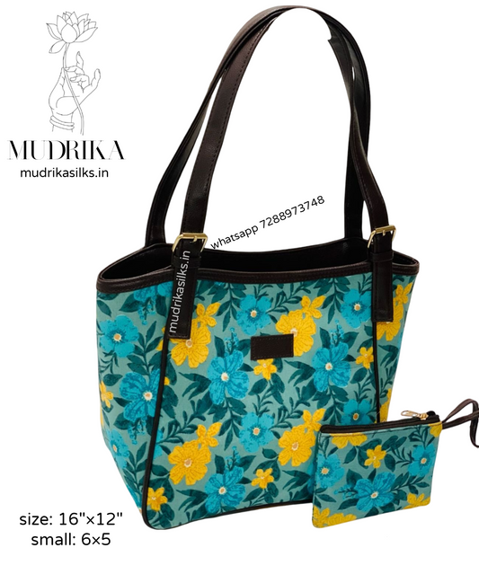 Sky blue and yellow tote bag