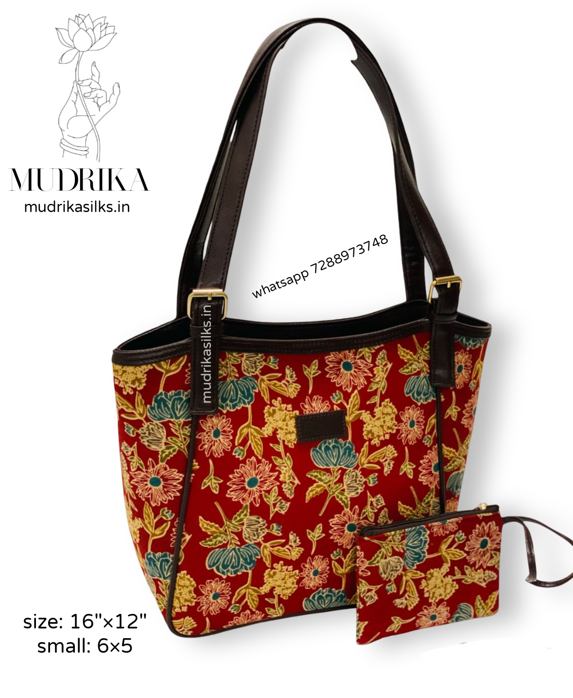 Red floral design tote bag
