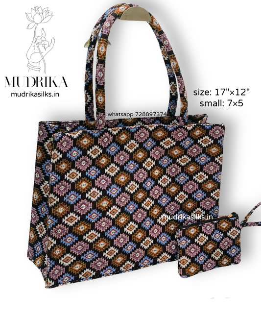 Black multicolour geometric tote bag