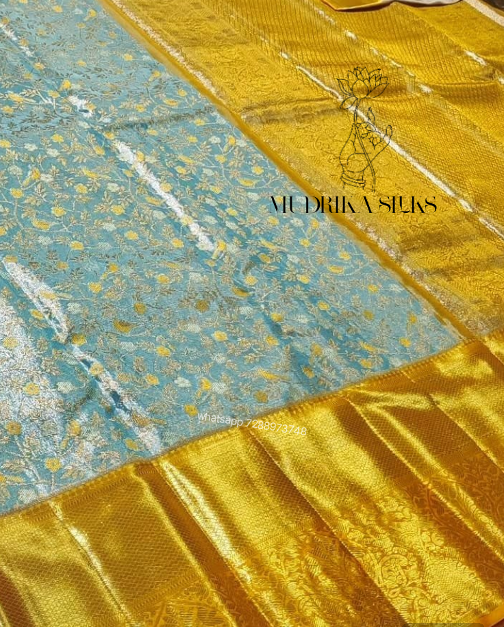 Kanchipattu tissue silk saree with yellow border
