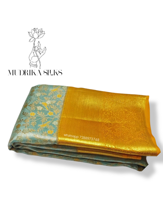 Kanchipattu tissue silk saree with yellow border