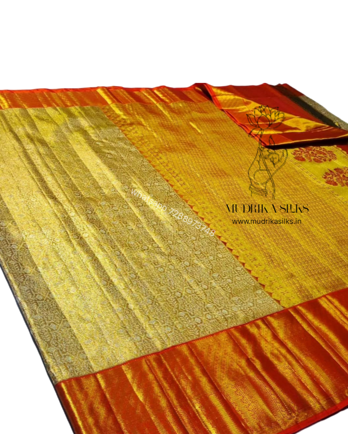 Golden bridal kanjivaram tissue silk saree with Red border