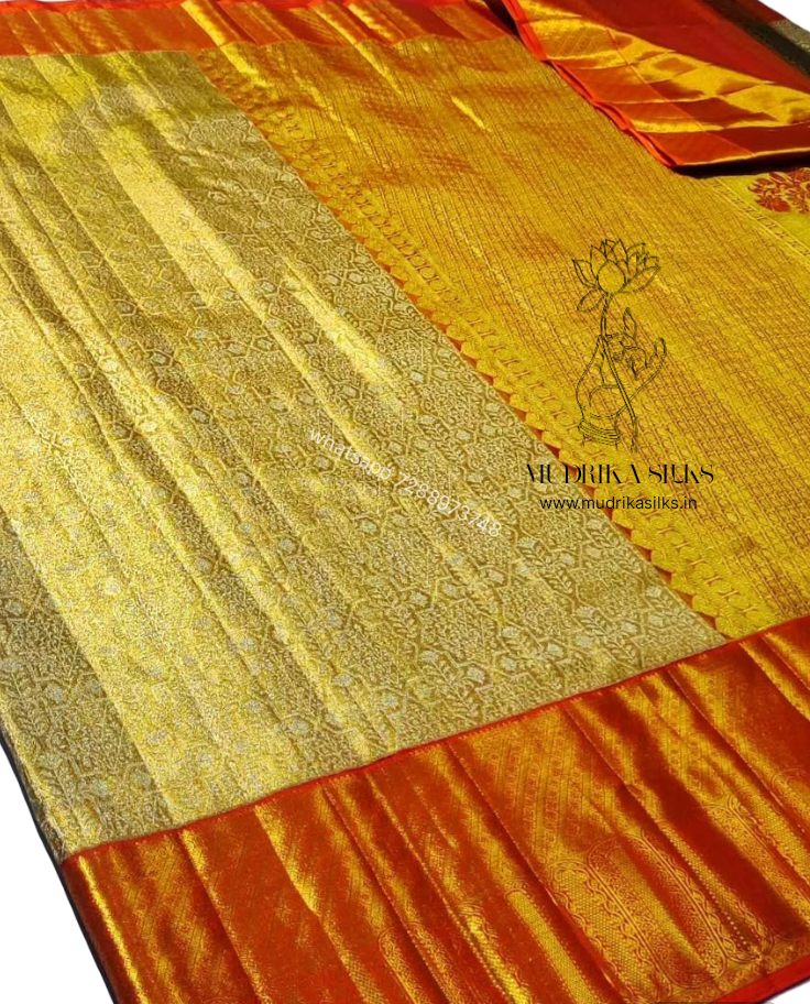 Golden bridal kanjivaram tissue silk saree with Red border