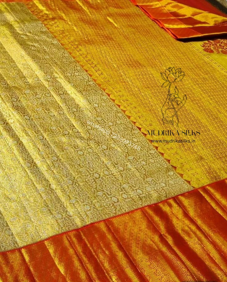 Golden bridal kanjivaram tissue silk saree with Red border