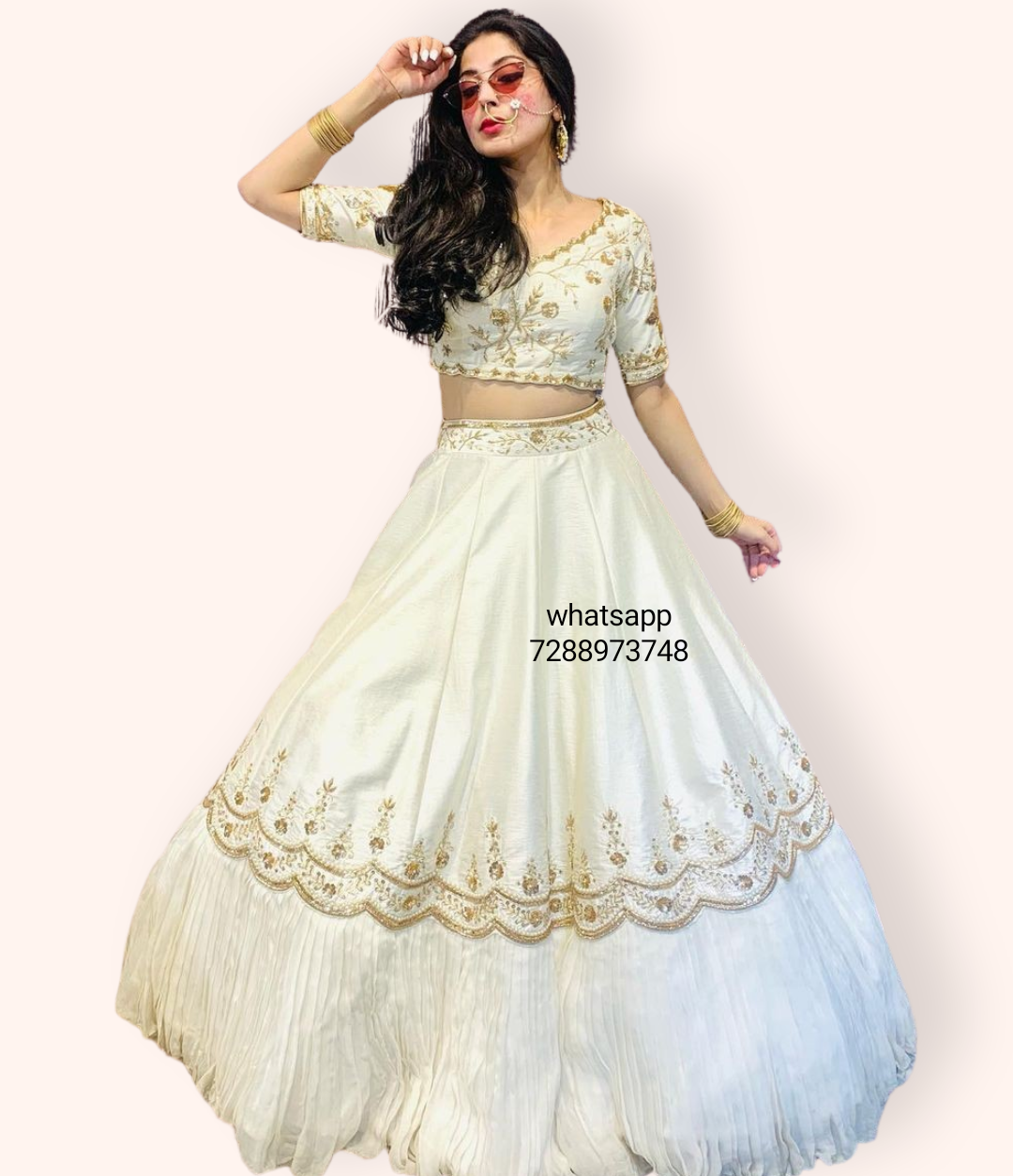 Half white Rawsilk lehenga with handwork
