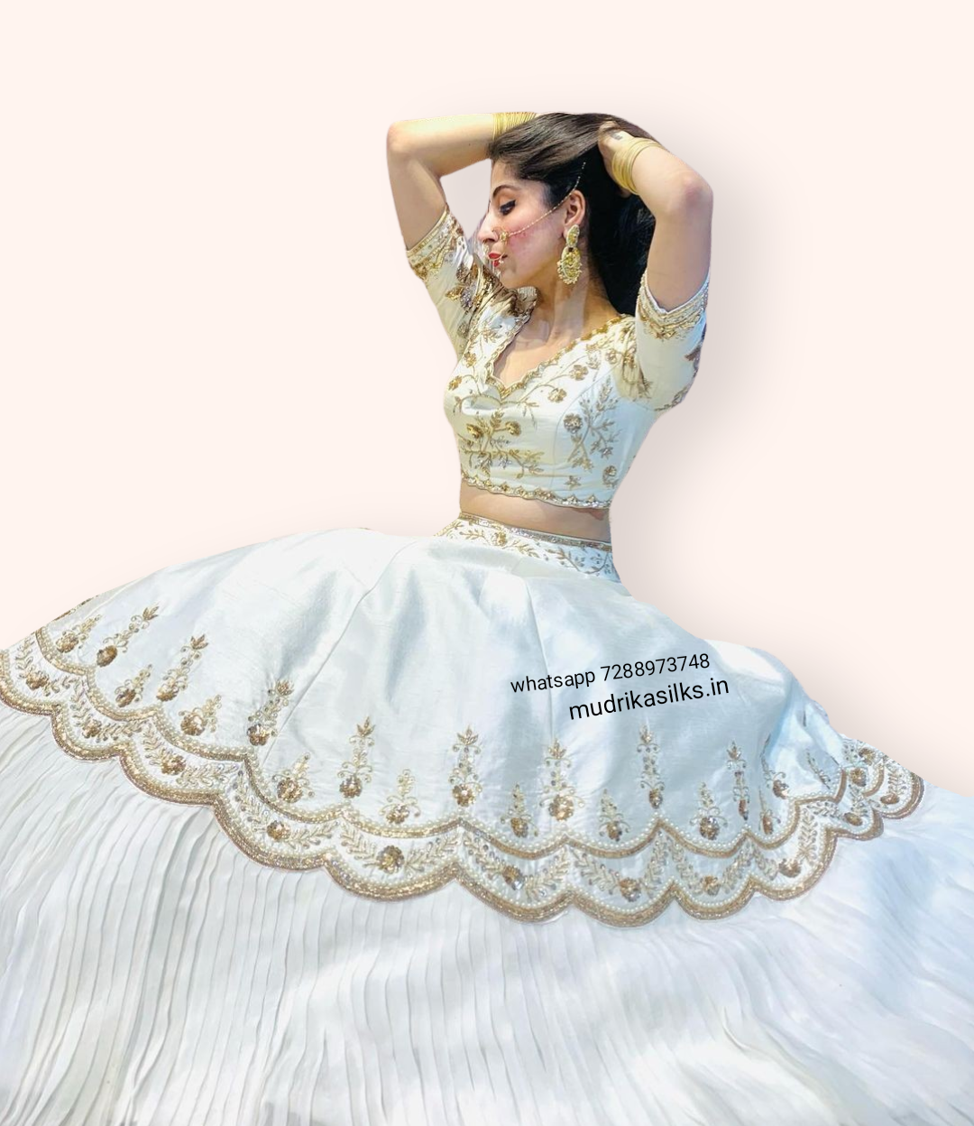 Half white Rawsilk lehenga with handwork