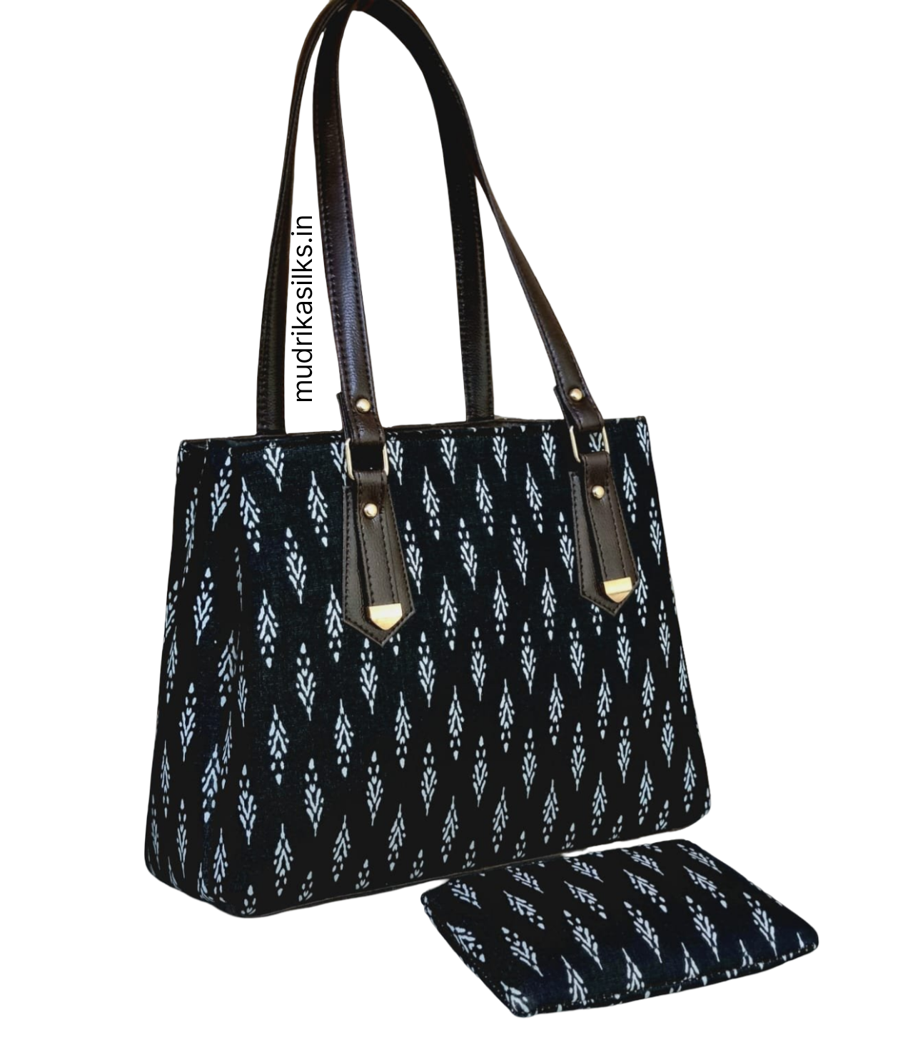 Black rajasthani style printed tote handbag