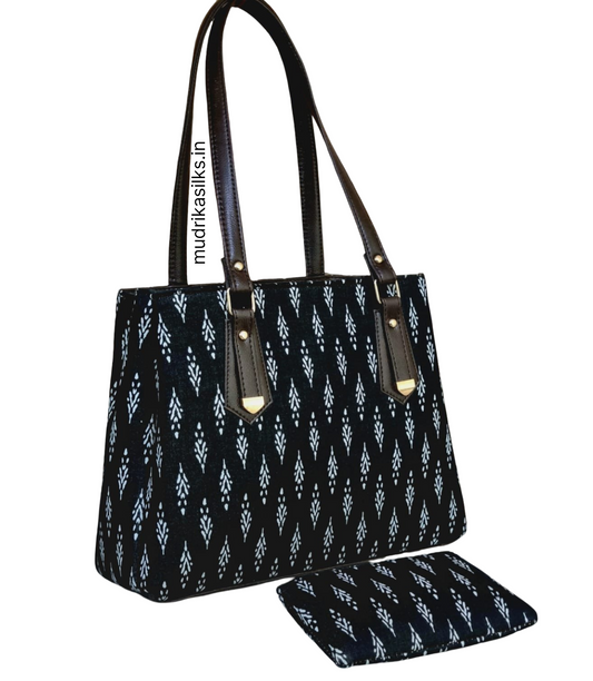 Black rajasthani style printed tote handbag