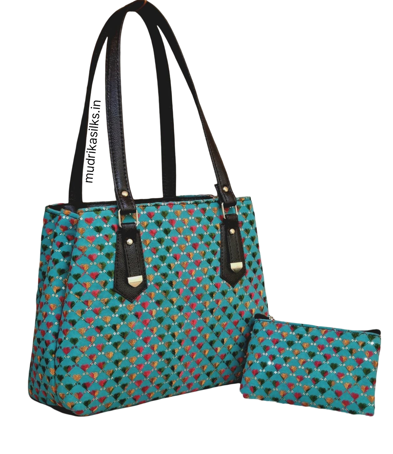 Aqua blue tote handbag with butti design