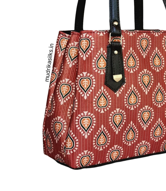 Red rajasthani style printed tote handbags