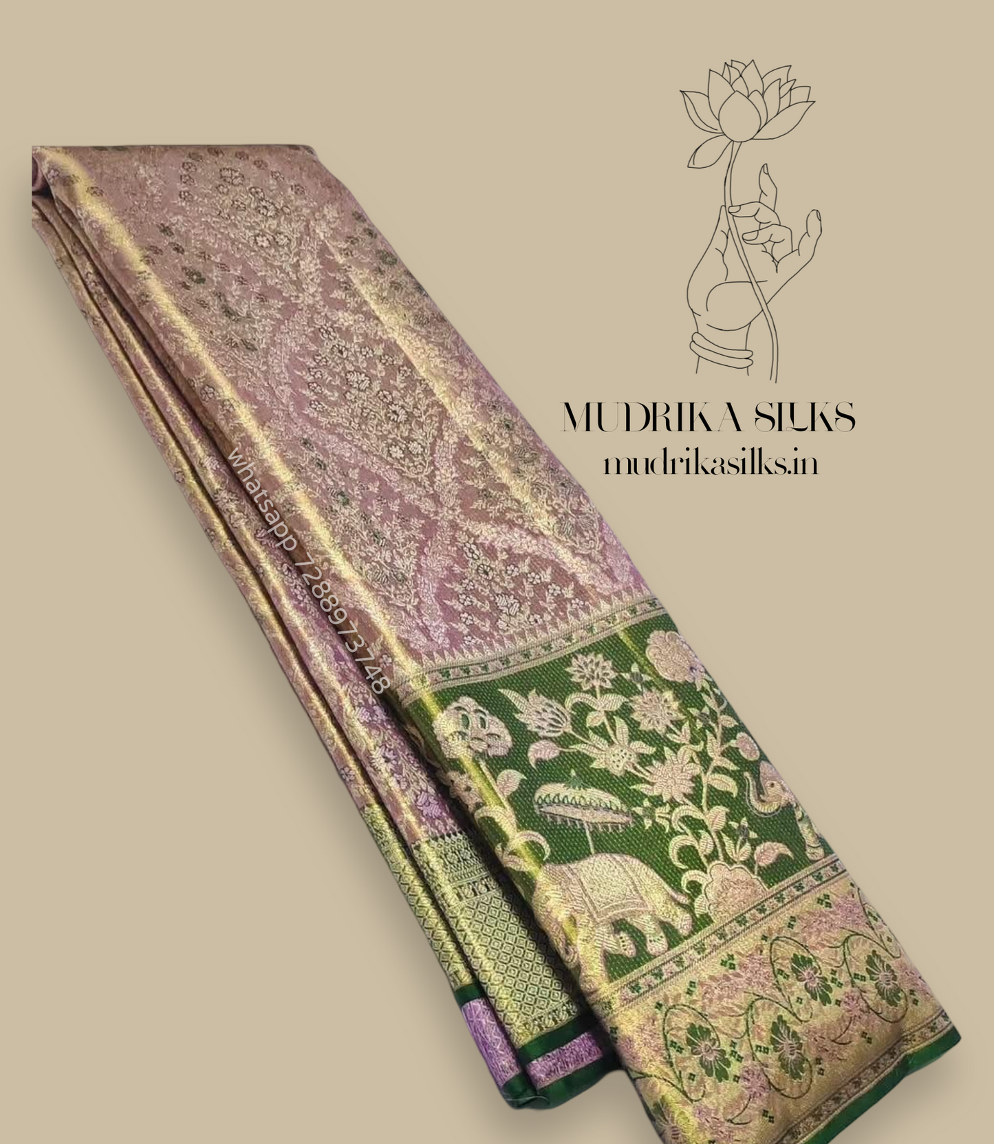 Bridal kanchipuram silk saree with allover floral design and green border