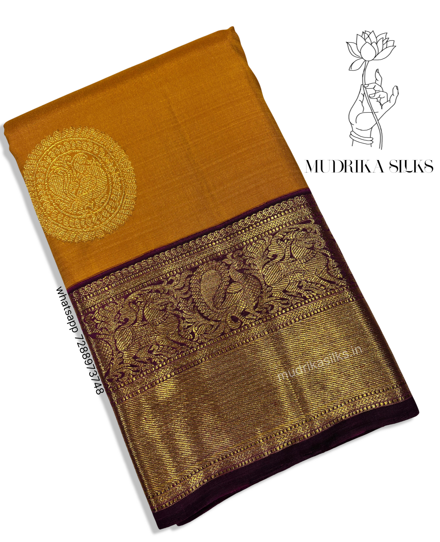 Mustard yellow Kanjivaram pattu sarees with jamun pink border