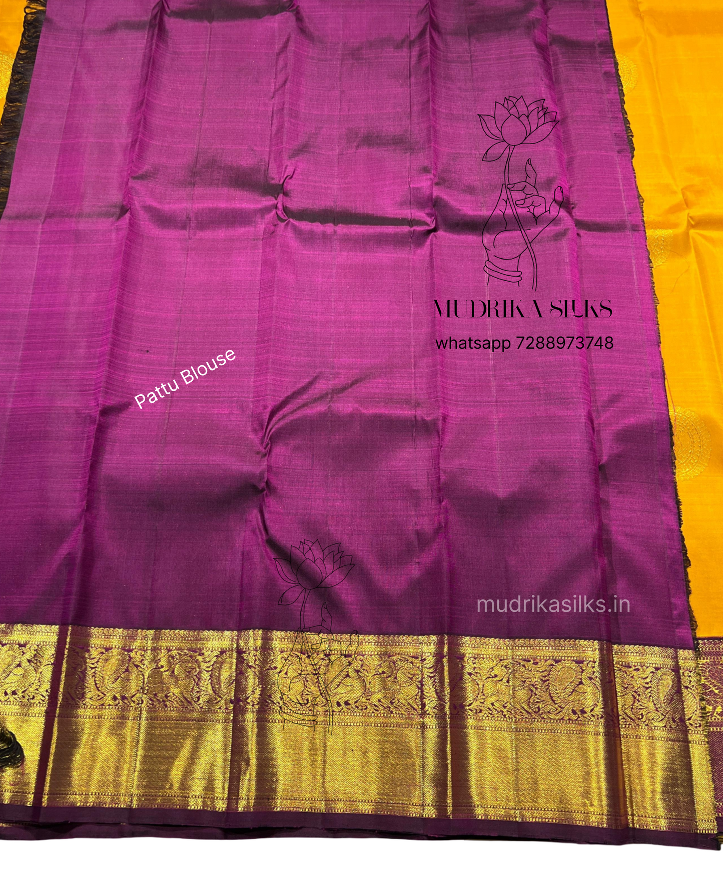 Mustard yellow Kanjivaram pattu sarees with jamun pink border