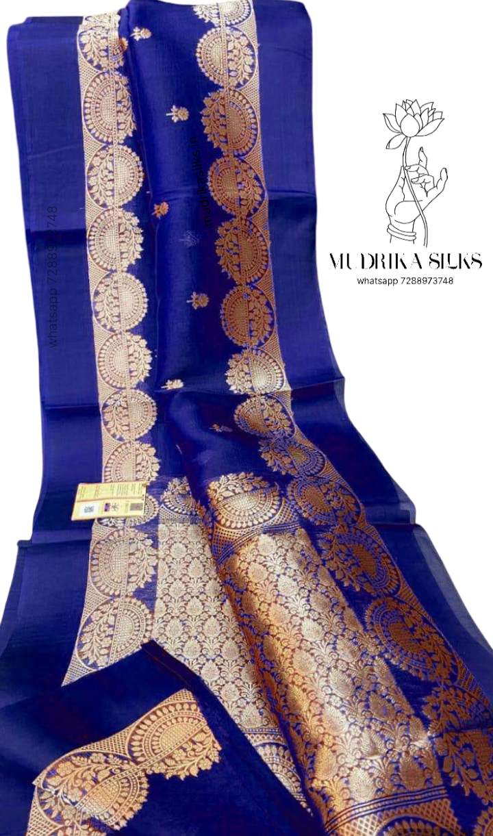Royal blue benaras kora organza saree with double zari weaving design