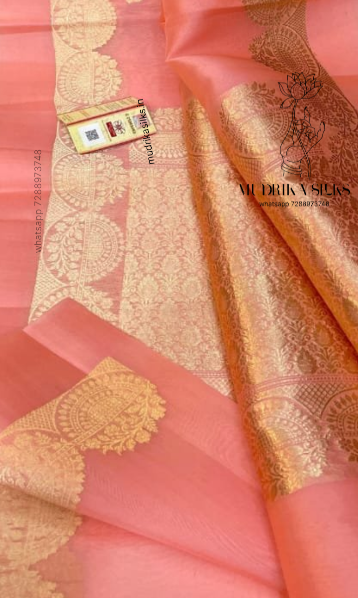 Light orange benaras kora organza saree with gold zari design