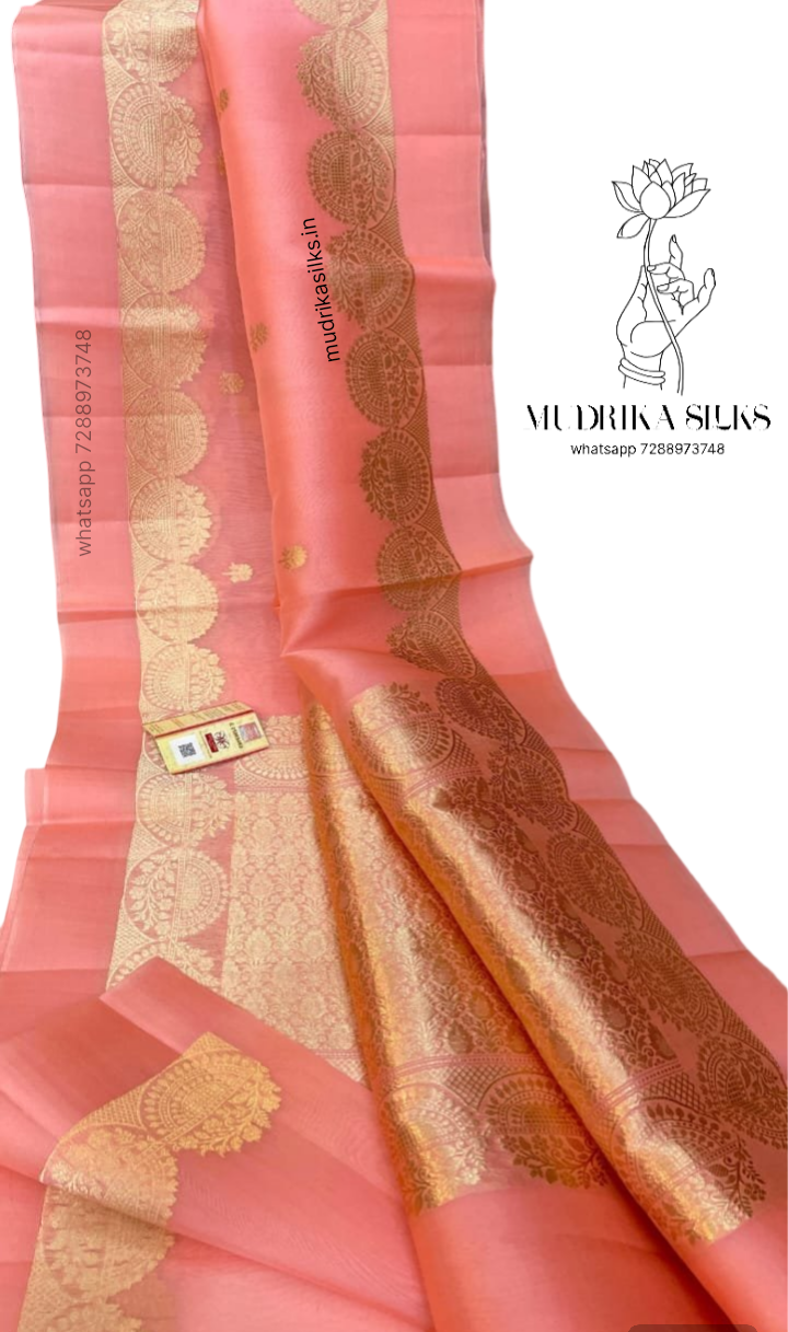 Light orange benaras kora organza saree with gold zari design