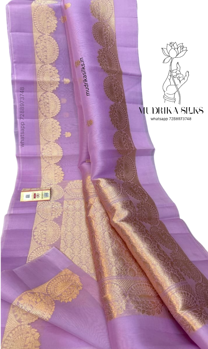Lavender benaras kora organza saree with double zari weaving design border
