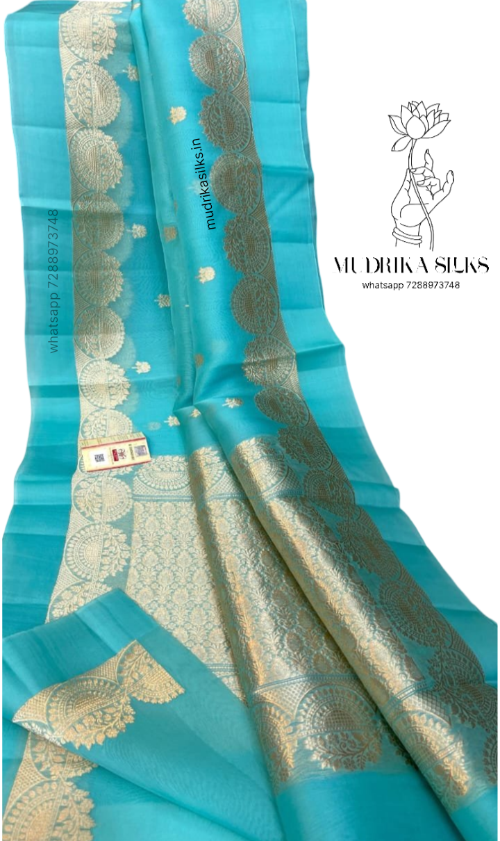 Sky-blue benaras kora organza saree with double zari weaving design