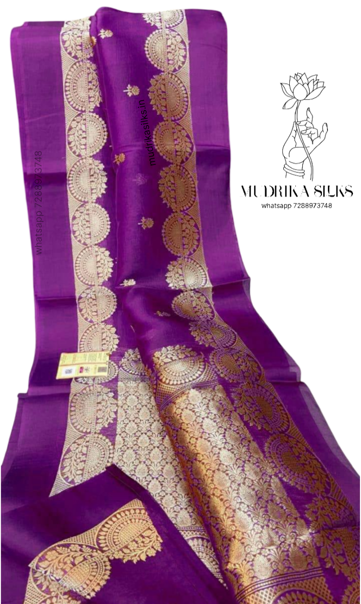 Purple benaras kora organza saree with double zari weaving design